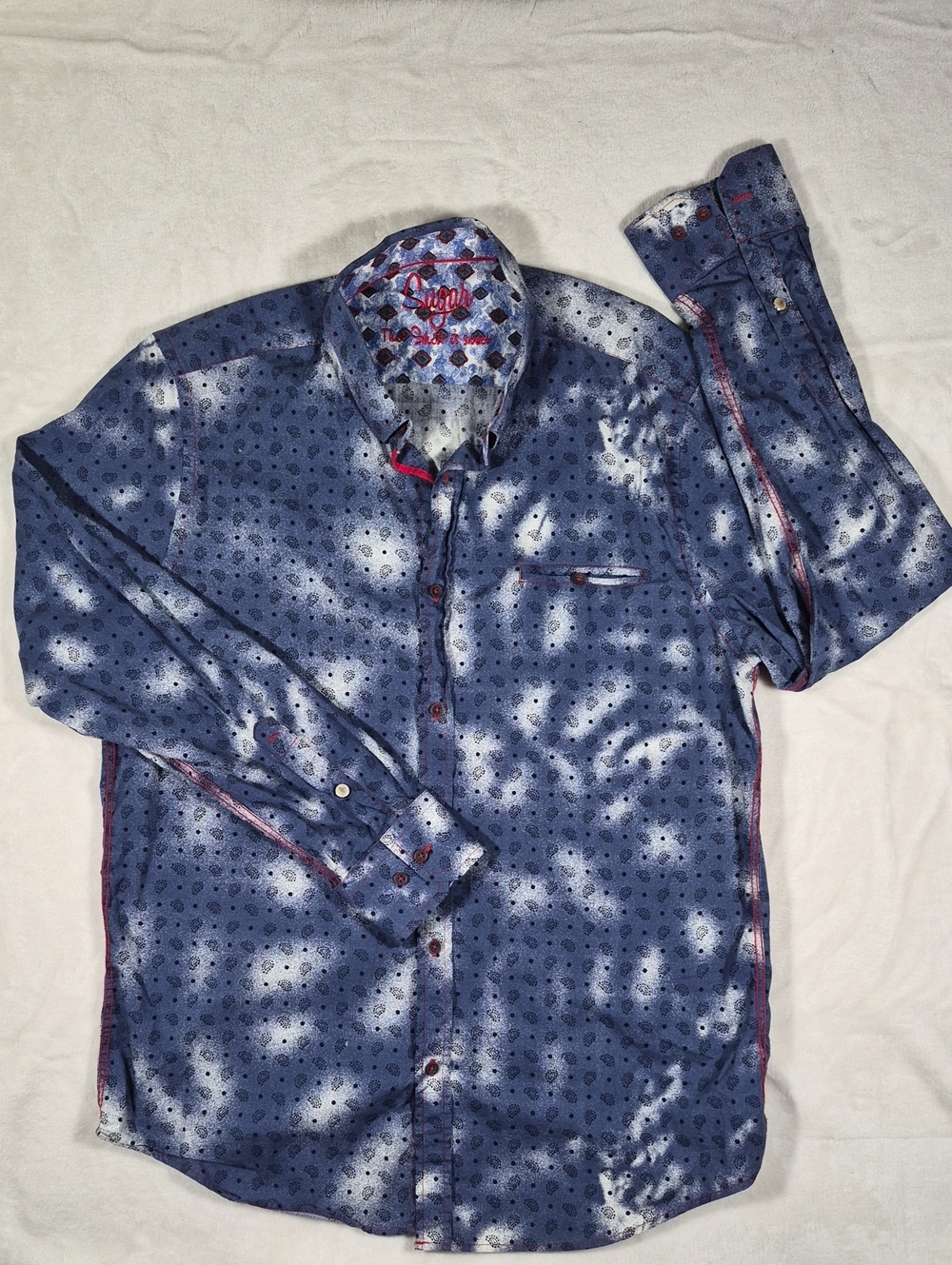 Men's Blue Printed Long-Sleeve Button-Down Shirt